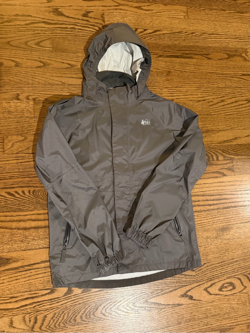 REI Men's Hooded Raincoat in Gray Taupe